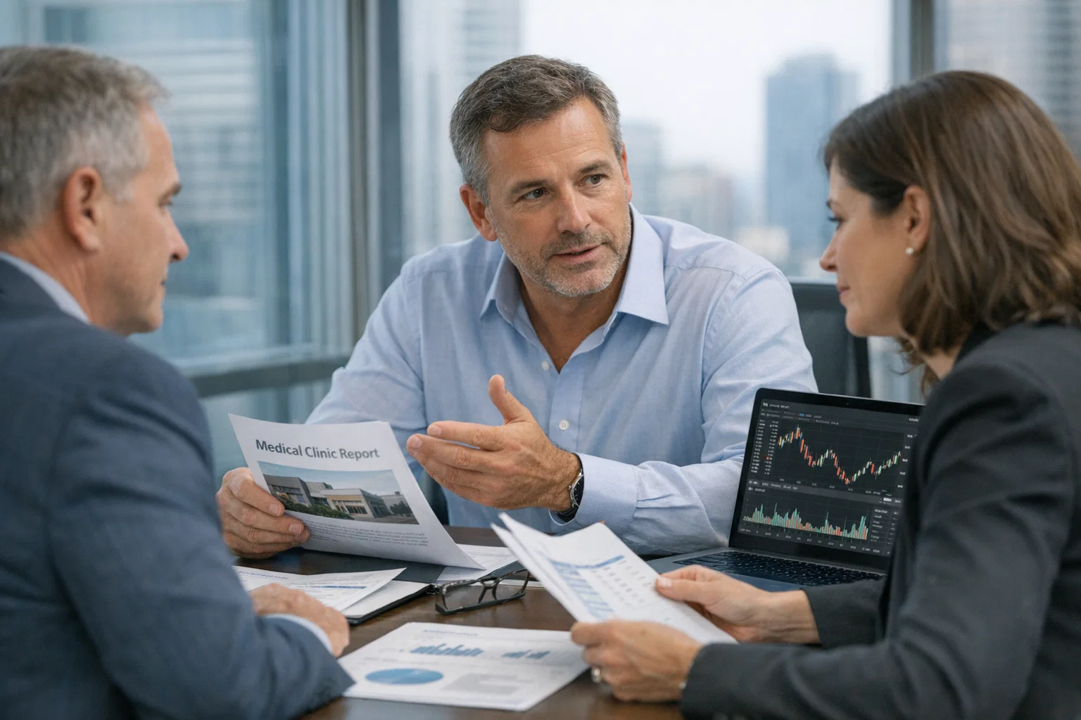 Investor meeting about the clinic industry with printed analysis and laptop market dashboard